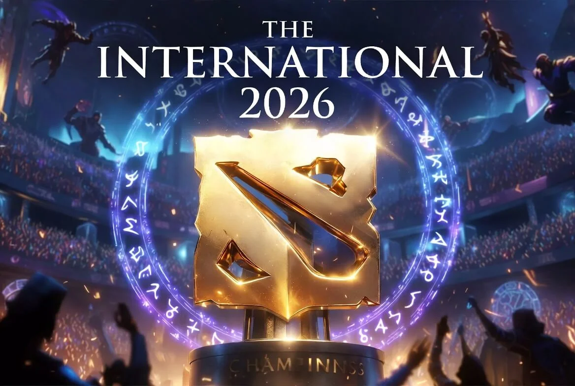 Сцена и трофей Aegis of Champions на The International 2026